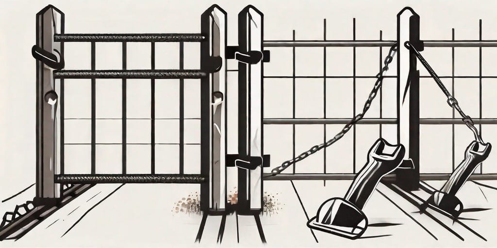 A chain link fence partially installed with various tools like a post hole digger